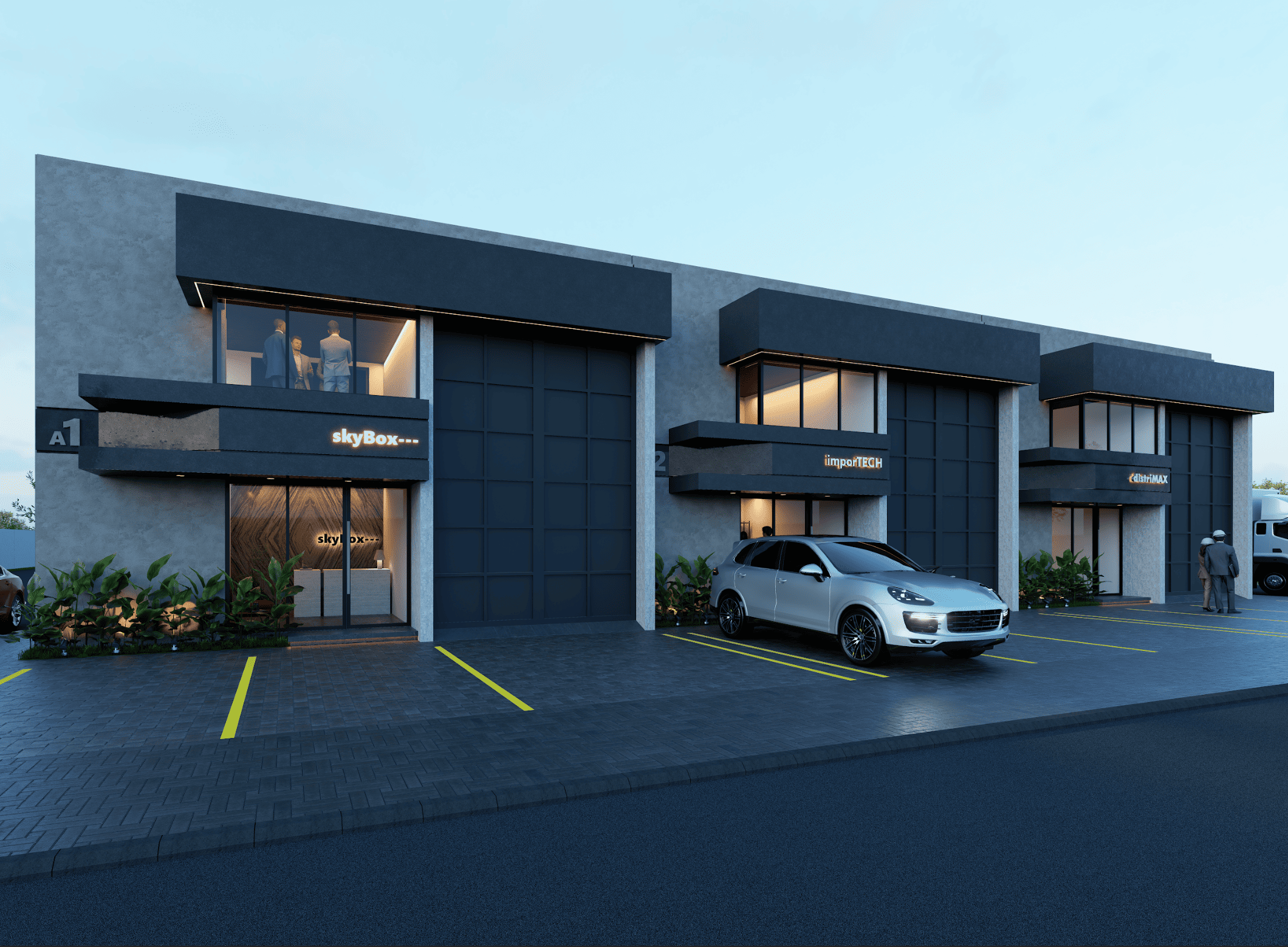Modelo FLEX — vista street-level al atardecer