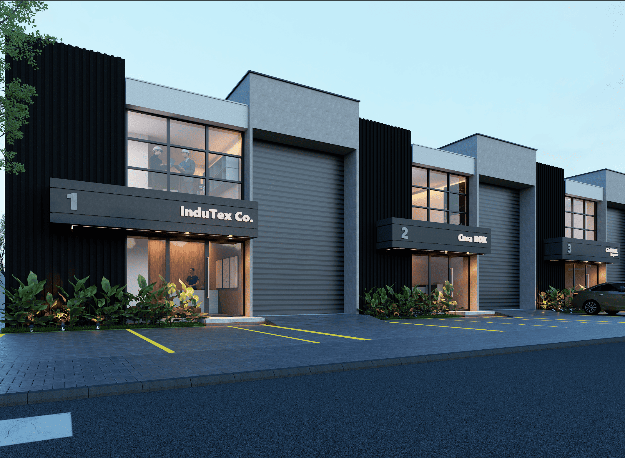 Fachada modelo PRO — unidades 1 y 2, vista frontal dusk